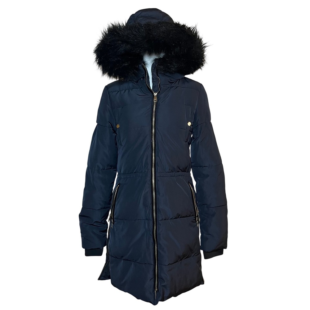 H&M Black Puffer Coat Faux Fur Hood Midi Long Size 2 Winter Warm‎ Gold Accents